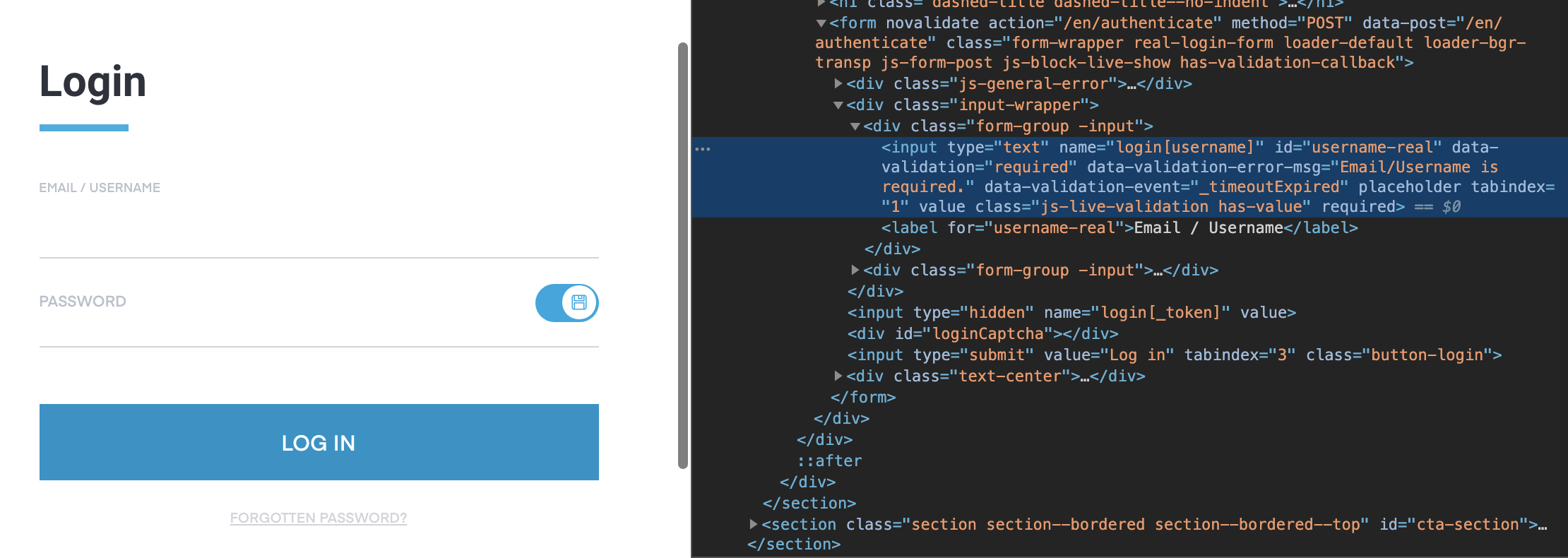 Viewing the source HTML for the input element that holds the email address.