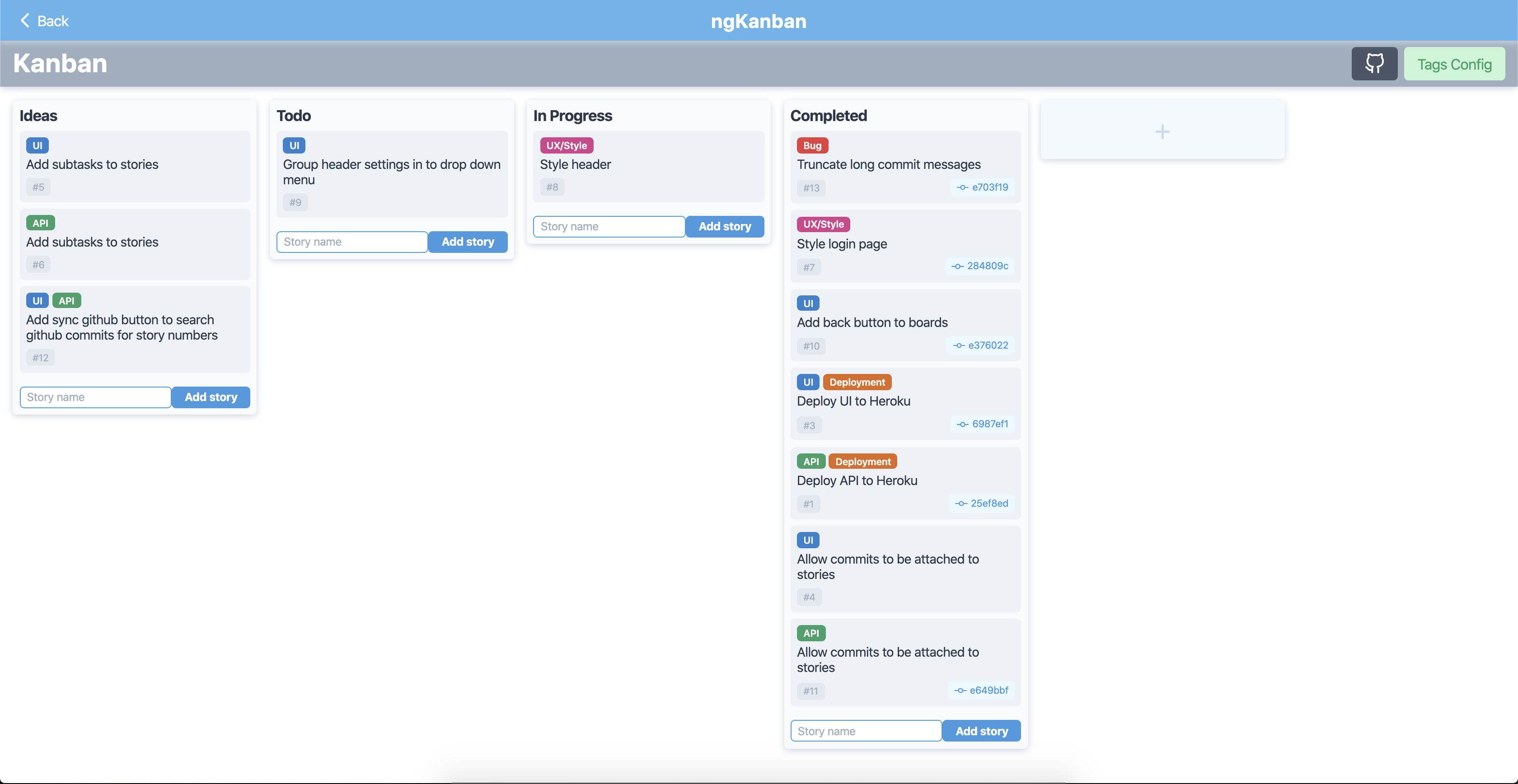 A populated board using Kanbo.