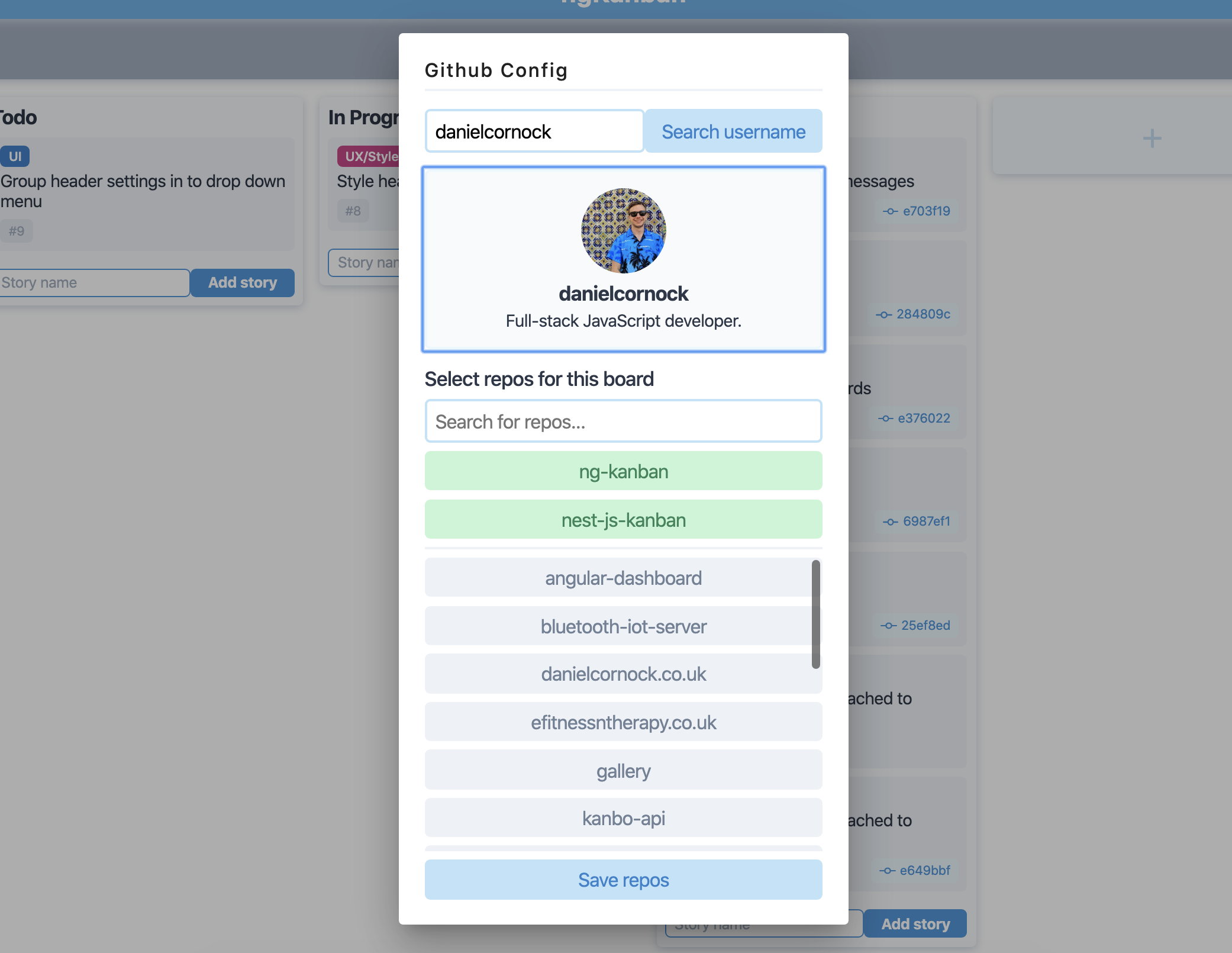 The modal used to set up repos used for your board.